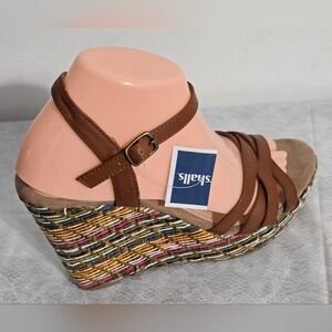 Mia 8 Kandi Strappy Sandals Beige Woven Textured Wedge Heel Open Toe